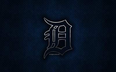 Detroit Tigers, Americana de beisebol clube, azul textura do metal, logotipo do metal, emblema, MLB, Detroit, Michigan, EUA, Major League Baseball, arte criativa, beisebol
