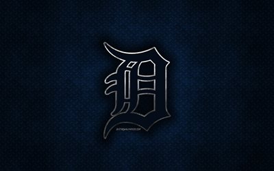 Detroit Tigers, American baseball club, blue metal texture, metal logo, emblem, MLB, Detroit, Michigan, USA, Major League Baseball, creative art, baseball