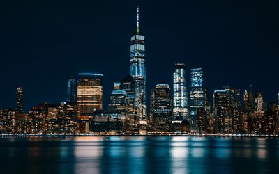 World Trade Center, 4k, Manhattan, WTC, paisajes nocturnos, nueva york, los rascacielos, Nueva York, estados unidos, USA