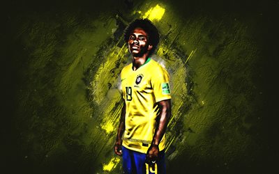 Willian, ブラジル国サッカーチーム, mf, 番号19, 黄色の石, 肖像, 有名なサッカー選手, サッカー, ブラジルのサッカー選手, グランジ, ブラジル