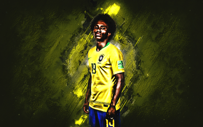 Willian, Brasilian jalkapallomaajoukkue, keskikentt&#228;pelaaja, numero 19, keltainen kivi, muotokuva, kuuluisia jalkapalloilijoita, jalkapallo, Brasilian jalkapalloilijat, grunge, Brasilia