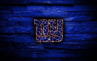 New York Giants, 4k, scorched logo, NFL, blue wooden background, american baseball team, National Football Conference, grunge, NY Giants, american football, New York Giants logo, fire texture, USA, NFC