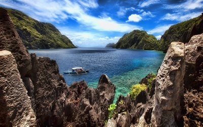 Filipinler, deniz, g&#252;zel bir doğa, dağlar, okyanus, HDR, harbor