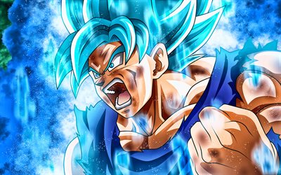 Son Goku, azul chamas, 4k, Super Saiyan Azul, 2019, DBS caracteres, obras de arte, DBS, Super Saiyan Deus, a ira de goku, Dragon Ball Super, mang&#225;, Dragon Ball, Goku