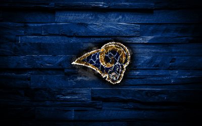 Los Angeles Rams, 4k, scorched logo, NFL, blue wooden background, american football team, National Football Conference, grunge, LA Rams, american football, Los Angeles Rams logo, fire texture, USA, NFC