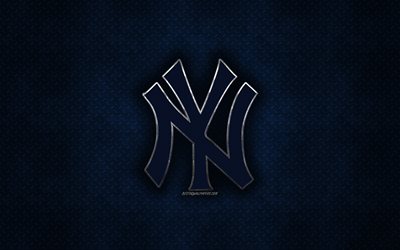 New York Yankees, American baseball club, blue metal texture, metal logo, emblem, MLB, New York, USA, Major League Baseball, creative art, baseball, Yankees