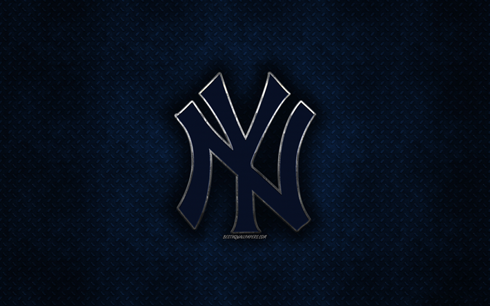 Los Yankees de nueva York, American club de b&#233;isbol de metal azul textura de metal, logotipo, emblema, MLB, Nueva York, estados UNIDOS, la Major League Baseball, arte creativo, b&#233;isbol, los Yankees