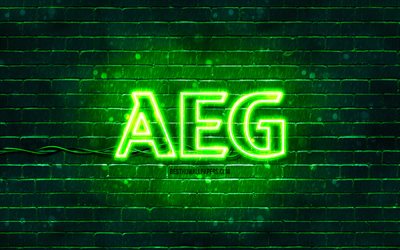 AEG green logo, 4k, green brickwall, AEG logo, brands, AEG neon logo, AEG