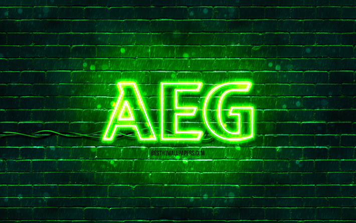 aegグリーンロゴ, 4k, 緑のレンガの壁, aegロゴ, ブランド, aegネオンロゴ, aeg