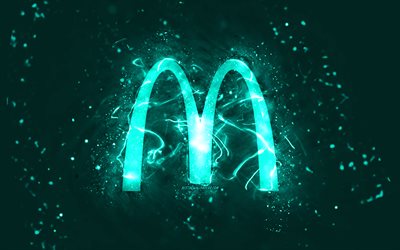 mcdonalds turkoosi logo, 4k, turkoosi neon valot, luova, turkoosi abstrakti tausta, mcdonalds logo, tuotemerkit, mcdonalds