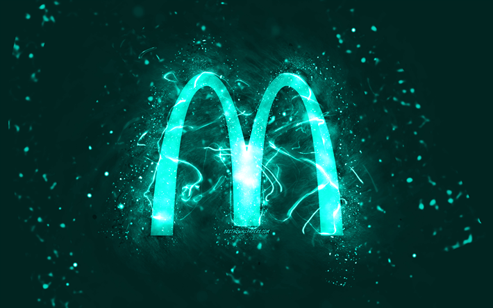 شعار ماكدونالدز الفيروزي, 4k, أضواء النيون الفيروزية, خلاق, خلفية مجردة الفيروز, شعار ماكدونالدز, العلامات التجارية, ماكدونالدز