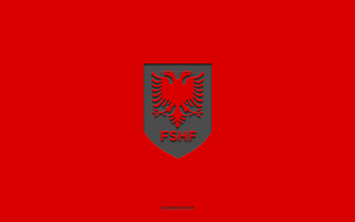 Albania national football team, red background, football team, emblem, UEFA, Albania, football, Albania national football team logo, Europe
