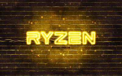 AMD Ryzen yellow logo, 4k, yellow brickwall, AMD Ryzen logo, brands, AMD Ryzen neon logo, AMD Ryzen