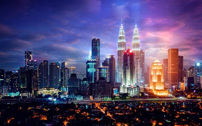 Kuala Lumpur, evening, skyscrapers, Kuala Lumpur cityscape, Petronas Towers, Kuala Lumpur skyline, Malaysia