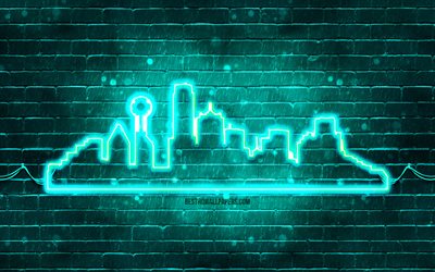Dallas turquoise neon silhouette, 4k, turquoise neon lights, Dallas skyline silhouette, turquoise brickwall, american cities, neon skyline silhouettes, USA, Dallas silhouette, Dallas