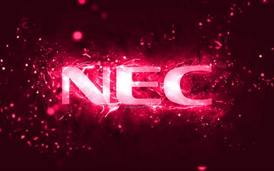 NEC pink logo, 4k, pink neon lights, creative, pink abstract background, NEC logo, brands, NEC