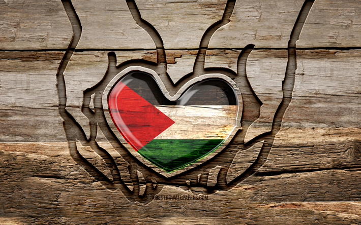 私はパレスチナが大好きです, 4k, 木彫りの手, パレスチナの日, パレスチナの旗, パレスチナに気をつけろ, クリエイティブ, 手にパレスチナの旗, 木彫り, アジア諸国, パレスチナ