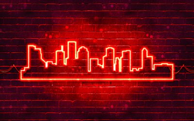 Houston red neon silhouette, 4k, red neon lights, Houston skyline silhouette, red brickwall, american cities, neon skyline silhouettes, USA, Houston silhouette, Houston
