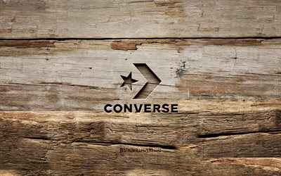 Converse wooden logo, 4K, wooden backgrounds, brands, Converse logo, creative, wood carving, Converse
