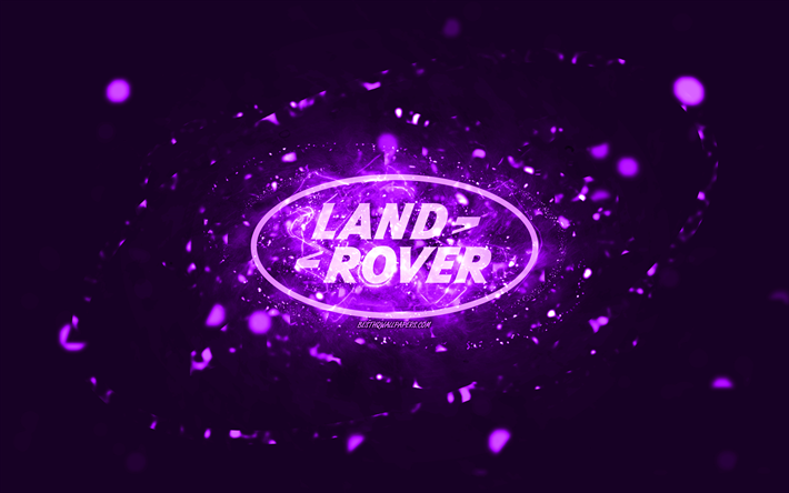 Land Rover violet logo, 4k, violet neon lights, creative, violet abstract background, Land Rover logo, cars brands, Land Rover