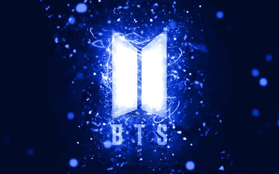 BTS dark blue logo, 4k, dark blue neon lights, creative, dark blue abstract background, Bangtan Boys, BTS logo, music stars, BTS, Bangtan Boys logo