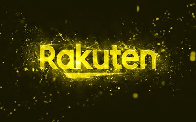 logotipo amarillo de rakuten, 4k, luces de ne&#243;n amarillas, creativo, fondo abstracto amarillo, logotipo de rakuten, marcas, rakuten