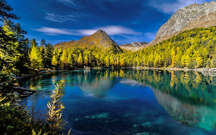 lago di saoseo, 4k, lago di montagna, alpi, val da camp, primavera, paesaggio montano, montagne, svizzera