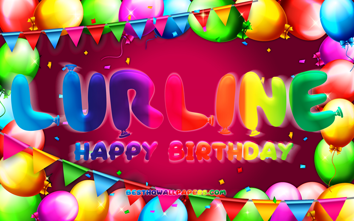 Happy Birthday Lurline, 4k, colorful balloon frame, Lurline name, purple background, Lurline Happy Birthday, Lurline Birthday, popular german female names, Birthday concept, Lurline