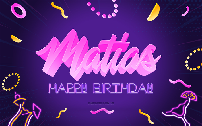feliz cumplea&#241;os matias, 4k, purple party background, matias, arte creativo, matias nombre, matias birthday, birthday party background
