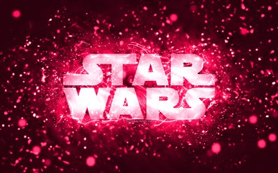 Star Wars pink logo, 4k, pink neon lights, creative, pink abstract background, Star Wars logo, brands, Star Wars