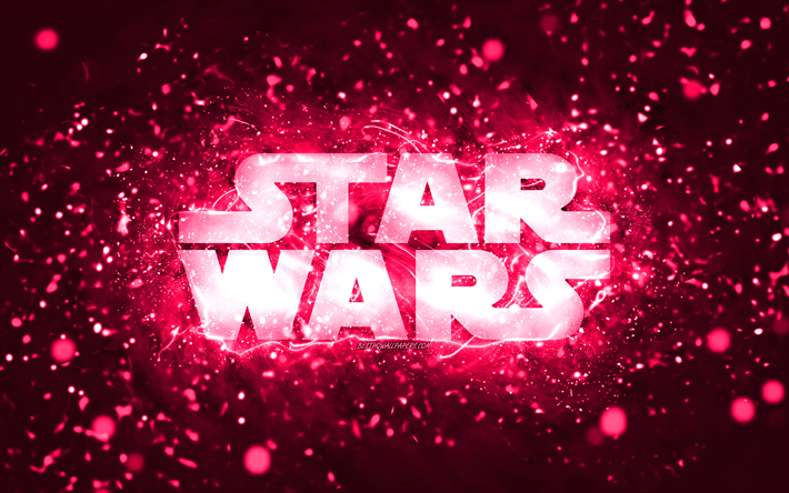 Star Wars pink logo, 4k, pink neon lights, creative, pink abstract background, Star Wars logo, brands, Star Wars