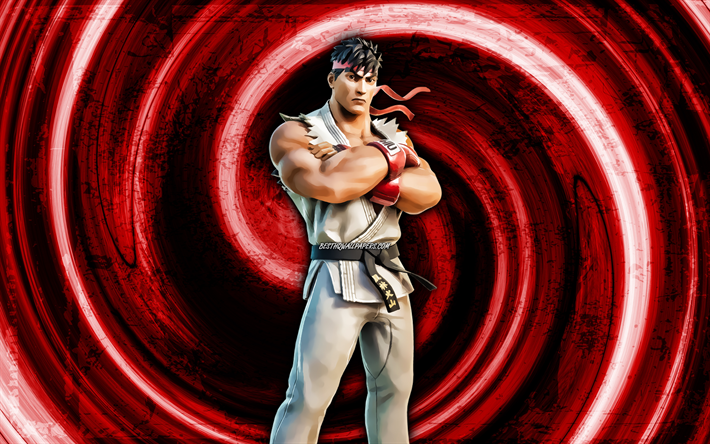 4k, Ryu, red grunge background, Fortnite, vortex, Fortnite characters, Ryu Skin, Fortnite Battle Royale, Ryu Fortnite