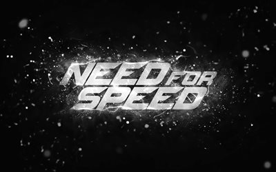 logotipo blanco de need for speed, 4k, nfs, luces de ne&#243;n blancas, creativo, fondo abstracto negro, logotipo de need for speed, logotipo de nfs, need for speed