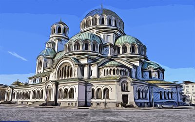 alexander-newski-kathedrale, sofia, 4k, vektorkunst, alexander-newski-kathedrale zeichnung, kreative kunst, alexander-newski-kathedrale kunst, vektorzeichnung, abstraktes stadtbild, bulgarien