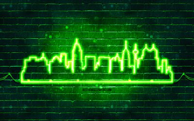 San Antonio green neon silhouette, 4k, green neon lights, San Antonio skyline silhouette, green brickwall, american cities, neon skyline silhouettes, USA, San Antonio silhouette, San Antonio