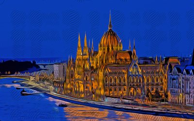 Budapest, Hungary, 4k, vector art, Budapest drawing, creative art, Budapest art, Danube River, Margaret Bridge, Hungarian Parliament Building, Parliament of Budapest