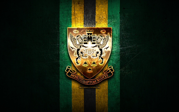 Northampton Saints, golden logo, Premiership Rugby, green metal background, english rugby club, Northampton Saints logo, rugby