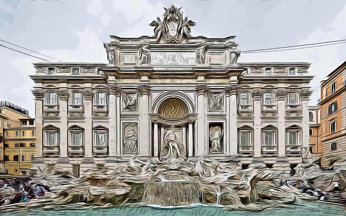 Trevi Fountain, 4k, vector art, Trevi Fountain drawing, creative art, Trevi Fountain art, vector drawing, abstract cityscape, Rome, Italy