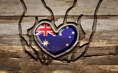 I love Australia, 4K, wooden carving hands, Day of Australia, Australian flag, Flag of Australia, Take care Australia, creative, Australia flag, Australia flag in hand, wood carving, Oceanian countries, Australia