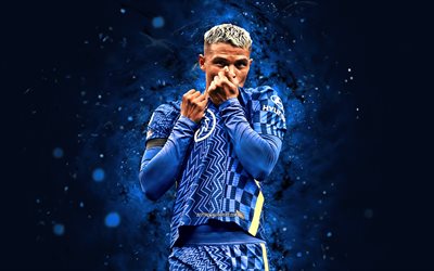 Thiago Silva, 4k, 2022, Chelsea FC, blue neon lights, brazilian footballers, Premier League, soccer, Thiago Silva Chelsea, football, Thiago Silva 4K