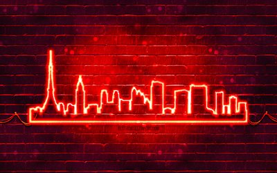 Tokyo red neon silhouette, 4k, red neon lights, Tokyo skyline silhouette, red brickwall, japanese cities, neon skyline silhouettes, Japan, Tokyo silhouette, Tokyo