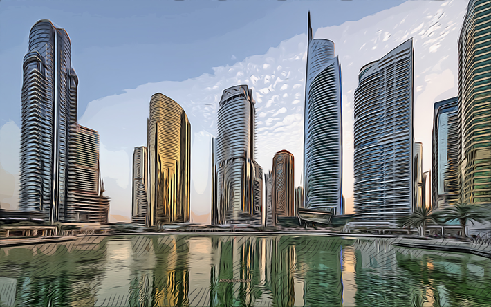 jumeirah lakes towers, dubai, 4k, arte vetorial, desenho das torres jumeirah lakes, arte criativa, arte jumeirah lakes towers, desenho vetorial, paisagem urbana de dubai, emirados &#225;rabes unidos