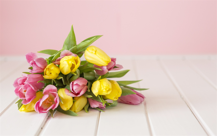yellow tulips, spring bouquet, pink tulips, flowers on a pink background