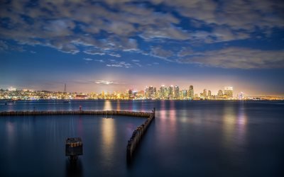 4k, San Diego, bay, nightscapes, cityscapes, USA, America