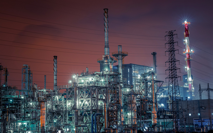 plant, industry, night, lights, refining, oil refining factory, pipes, gasoline production