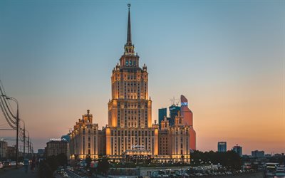 Hotel Ukraine, Moscow, Russia, evening, five-star hotel, Kutuzovsky prospect, Moksva river, sunset