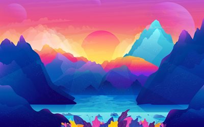 lake, mountains, sun, rays, creative, art