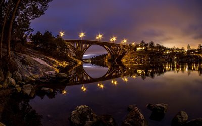 Skurubron, Skurusundet, bridge, evening, lights of the lanterns, river, Sweden