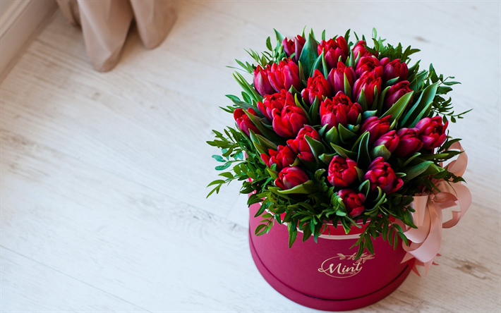 red tulips, gift, box with flowers, original flower surprises, red flowers, tulips