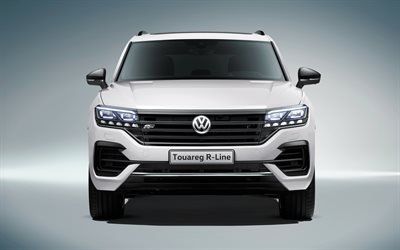 Volkswagen Touareg, 2018, R-Line, exterior, front view, headlights, new white Touareg, German cars, Volkswagen